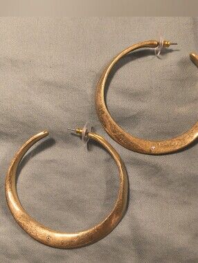 Vintage Style Chunky Gold Crescent Hoop Earrings Rhinestone Accent 2"